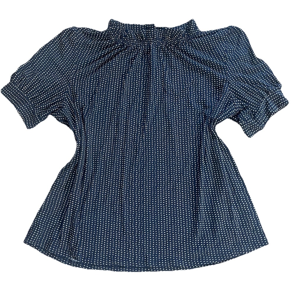 Adrianna Papell Blue White Polka Dot Ruffle Women Top Size Large Short Sleeve
